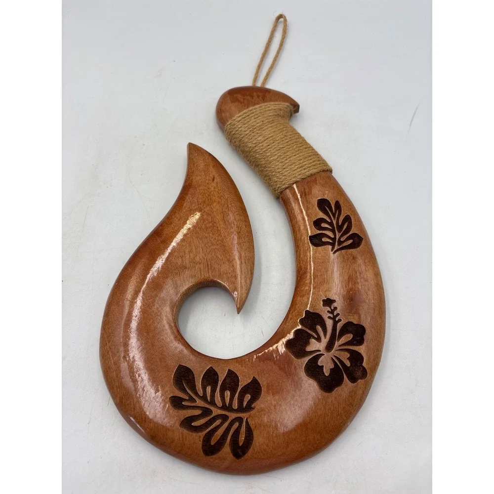 Hawaiian Fish Hook Hand Carved Wood Hanging Decoration Wall‎ Art 12